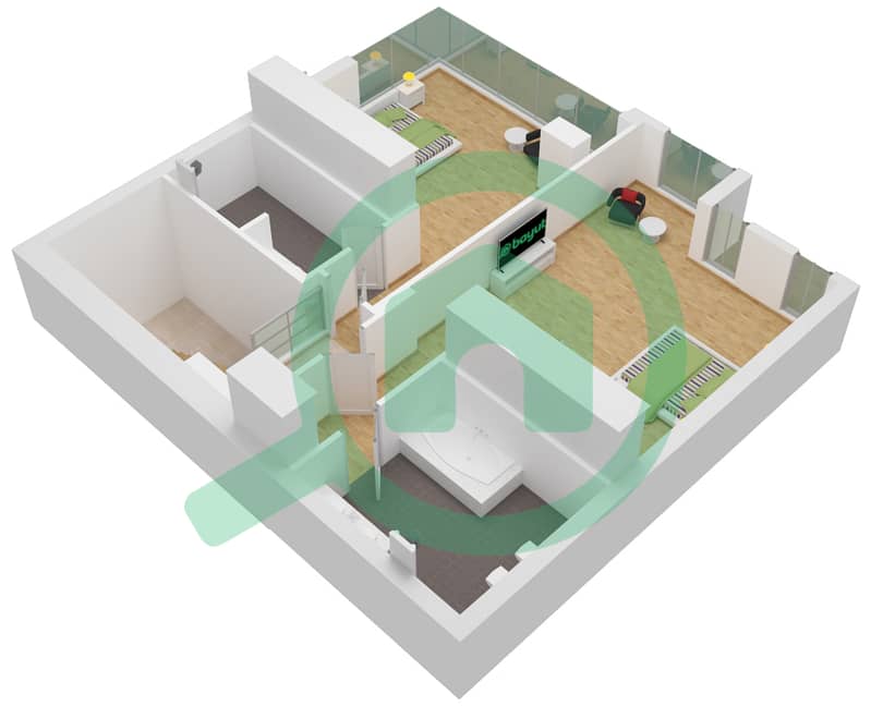 المخططات الطابقية لتصميم النموذج U20 تاون هاوس 2 غرفة نوم - تركواز Upper Floor interactive3D