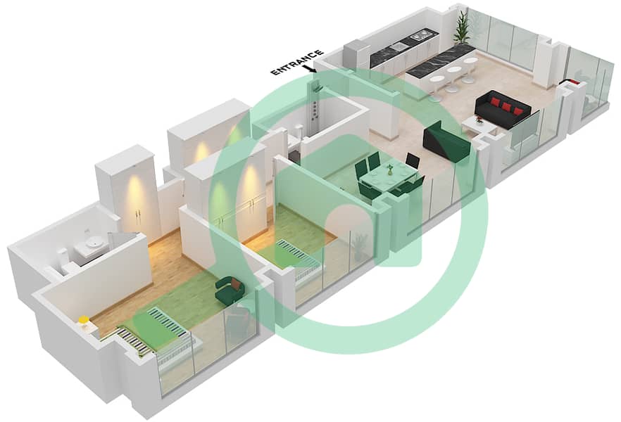 Пиксель - Апартамент 2 Cпальни планировка Гарнитур, анфилиада комнат, апартаменты, подходящий 01 Floor 09,12,14-16 interactive3D