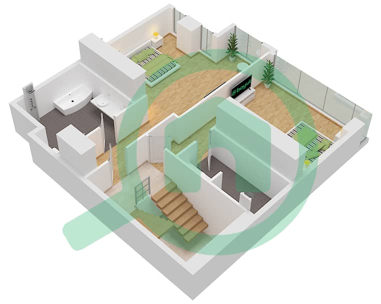 المخططات الطابقية لتصميم النموذج A تاون هاوس 2 غرفة نوم - تركواز Upper Floor interactive3D