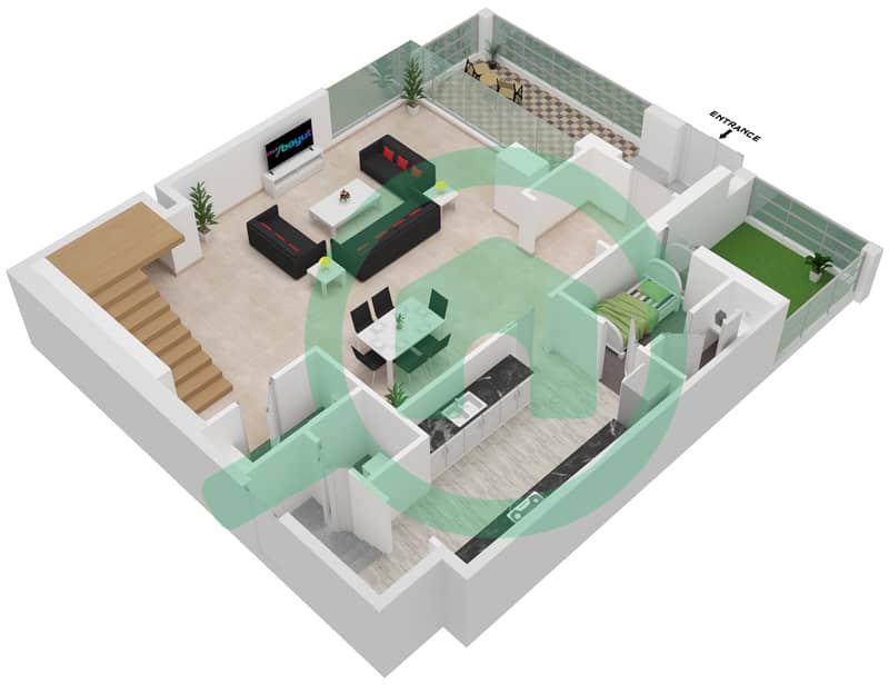 绿松石区 - 2 卧室联排别墅类型U19戶型图 Lower Floor interactive3D