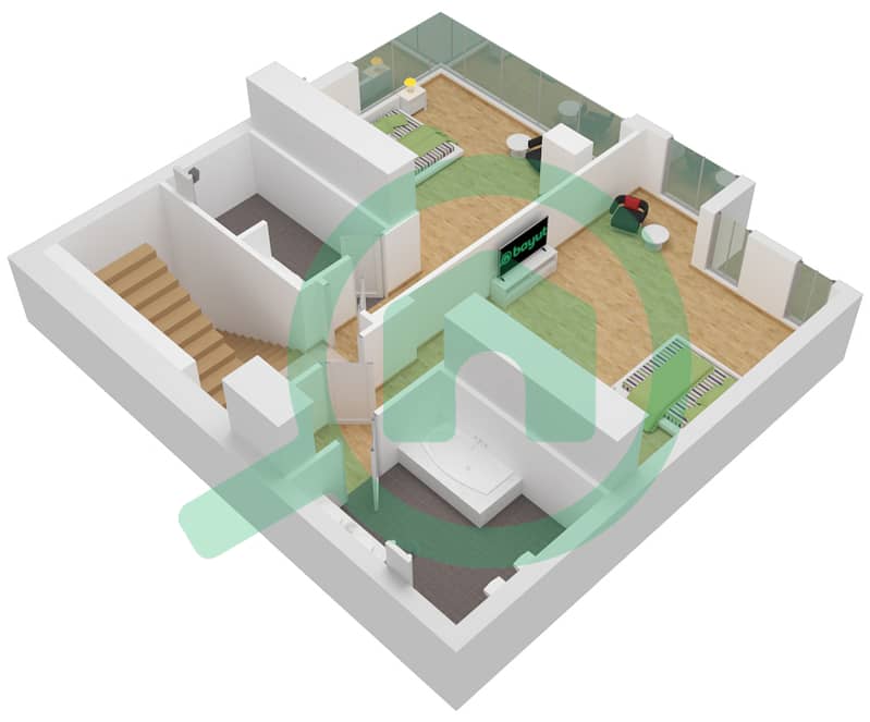 المخططات الطابقية لتصميم النموذج U19 تاون هاوس 2 غرفة نوم - تركواز Upper Floor interactive3D