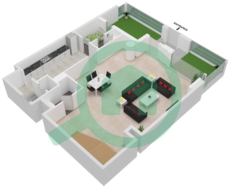 绿松石区 - 2 卧室联排别墅类型U18戶型图 Lower Floor interactive3D
