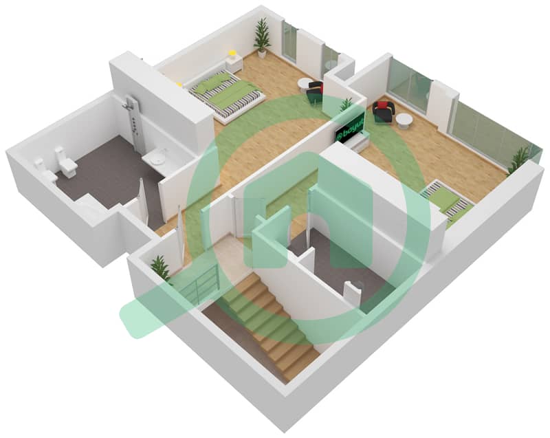绿松石区 - 2 卧室联排别墅类型U18戶型图 Upper Floor interactive3D
