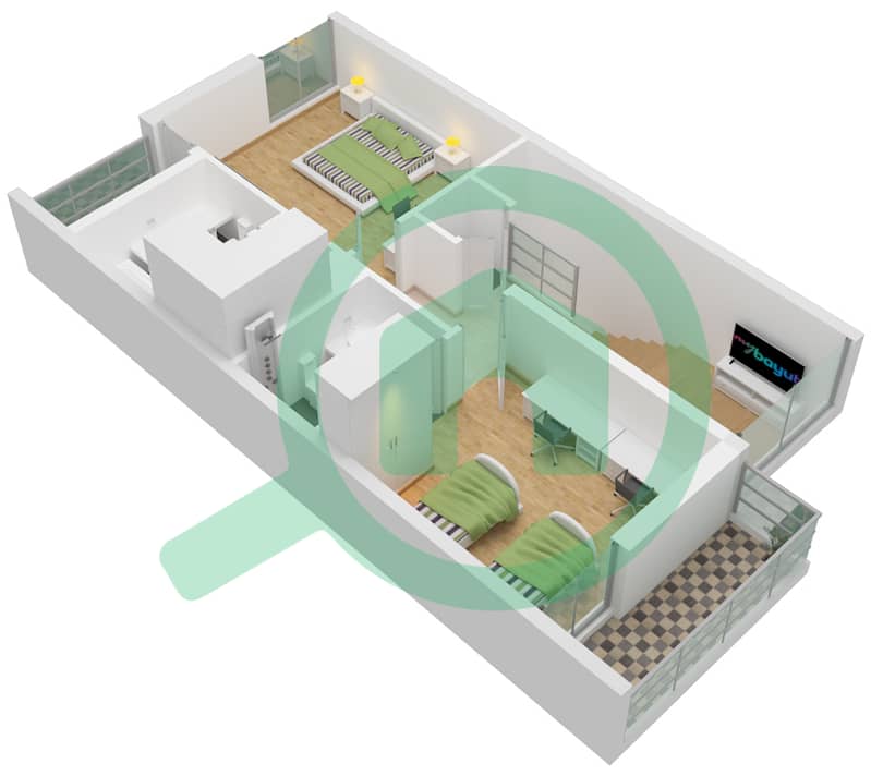 المخططات الطابقية لتصميم النموذج A1 تاون هاوس 2 غرفة نوم - فلل سنديان interactive3D