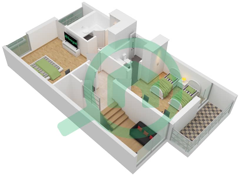 المخططات الطابقية لتصميم النموذج B1 تاون هاوس 2 غرفة نوم - فلل سنديان interactive3D
