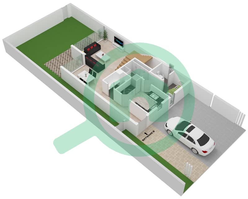 المخططات الطابقية لتصميم النموذج A-UNIT-CORNER تاون هاوس 3 غرف نوم - فلل سنديان Ground Floor interactive3D