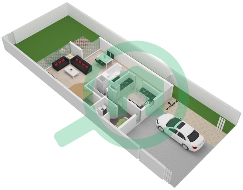 المخططات الطابقية لتصميم النموذج B CORNER/END تاون هاوس 3 غرف نوم - فلل سنديان Ground Floor interactive3D
