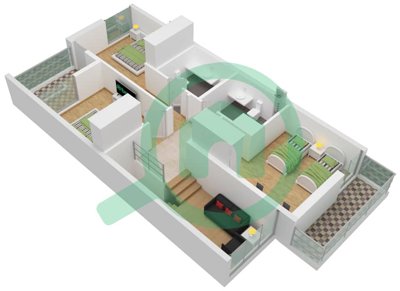 Виллы Сендиан - Таунхаус 3 Cпальни планировка Тип B CORNER/END First Floor interactive3D