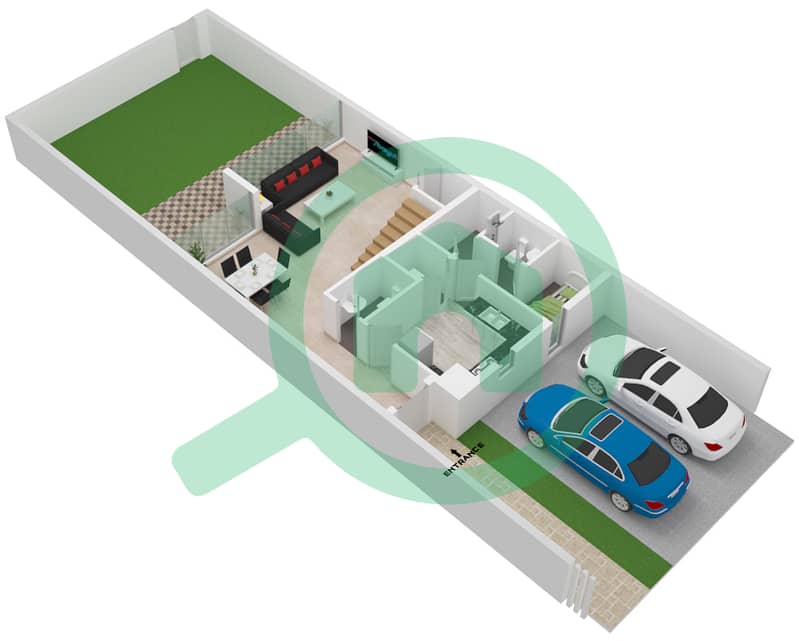 المخططات الطابقية لتصميم النموذج A3 تاون هاوس 3 غرف نوم - فلل سنديان Ground Floor interactive3D