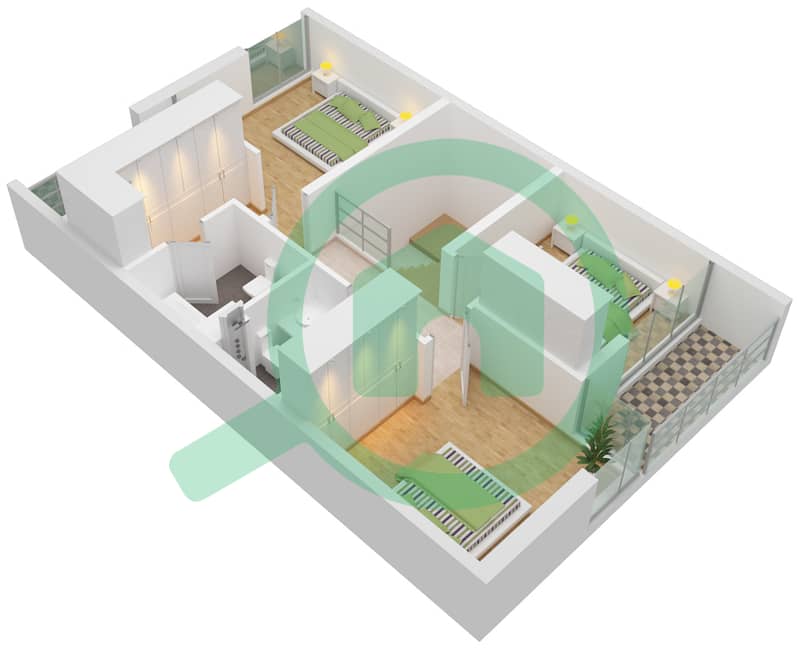 المخططات الطابقية لتصميم النموذج A3 تاون هاوس 3 غرف نوم - فلل سنديان First Floor interactive3D