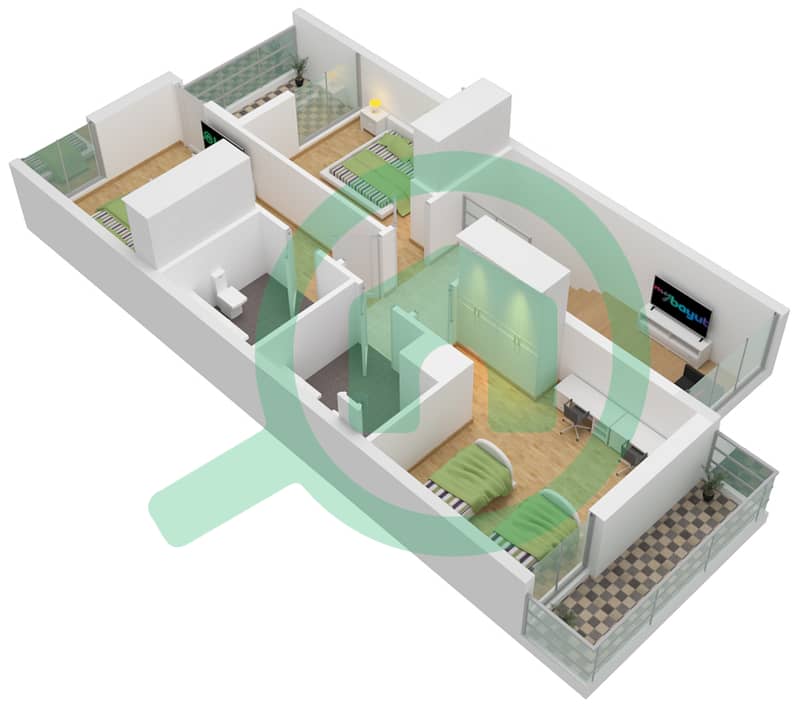 Виллы Сендиан - Таунхаус 3 Cпальни планировка Тип A-UNIT-CORNER First Floor interactive3D
