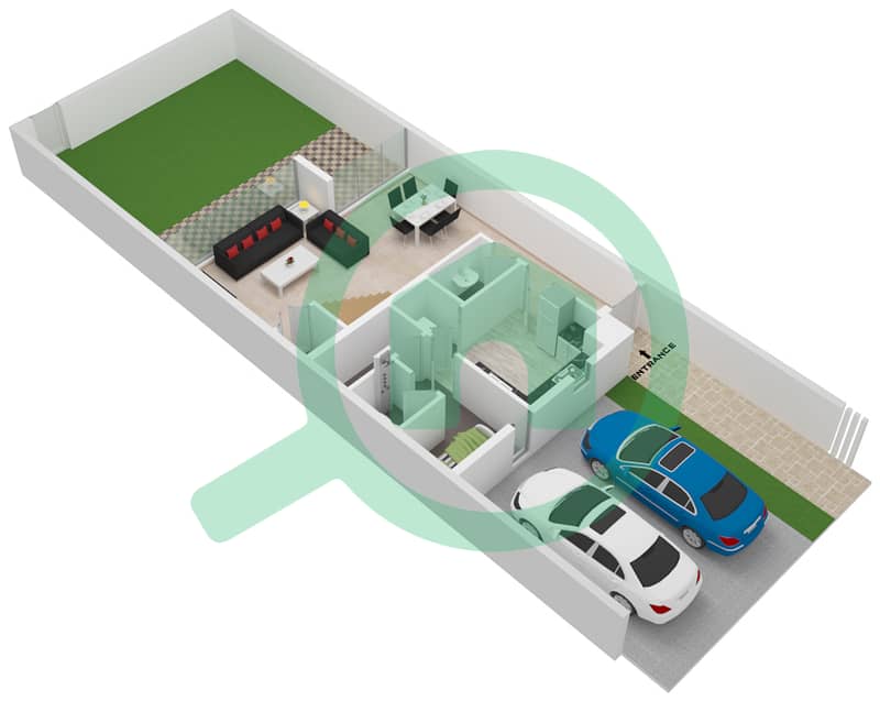 المخططات الطابقية لتصميم النموذج B-3 تاون هاوس 3 غرف نوم - فلل سنديان Ground Floor interactive3D