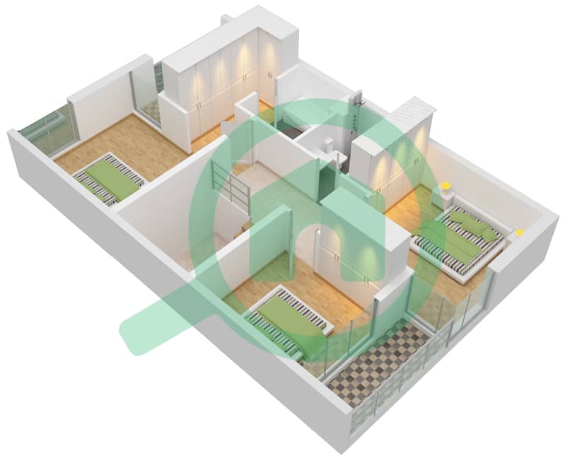 Виллы Сендиан - Таунхаус 3 Cпальни планировка Тип B-3 First Floor interactive3D