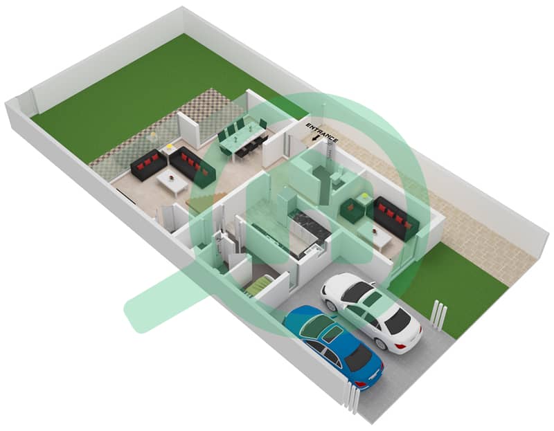 Виллы Сендиан - Таунхаус 4 Cпальни планировка Тип/мера B / UNIT CORNER END B Unit Corner End Ground Floor interactive3D