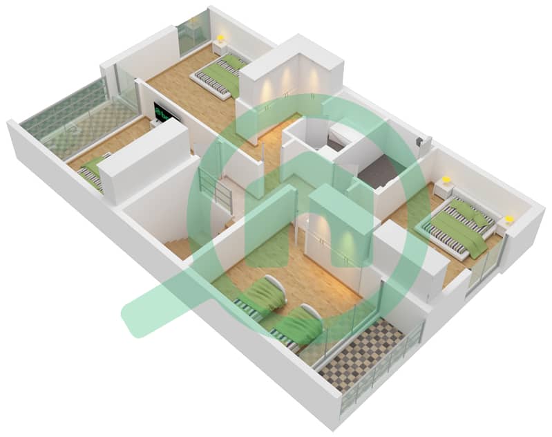 Виллы Сендиан - Таунхаус 4 Cпальни планировка Тип B-UNIT-CORNER END First Floor interactive3D