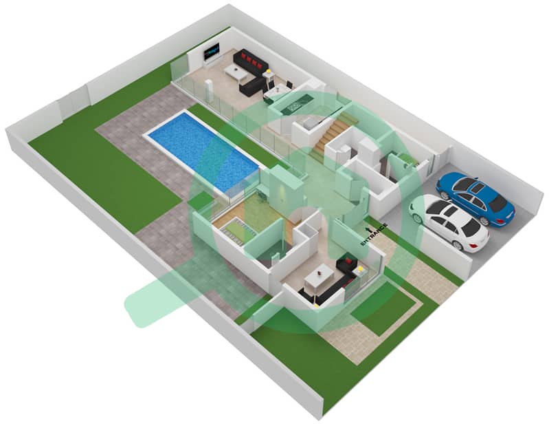 Виллы Сендиан - Вилла 3 Cпальни планировка Тип B4 Ground Floor interactive3D