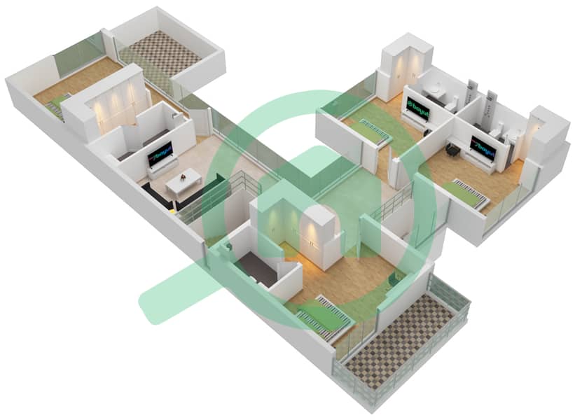 Виллы Сендиан - Вилла 4 Cпальни планировка Тип A5 First Floor interactive3D