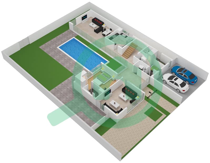 المخططات الطابقية لتصميم النموذج B5 فیلا 4 غرف نوم - فلل سنديان Ground Floor interactive3D