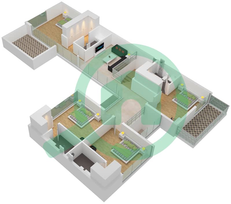 المخططات الطابقية لتصميم النموذج B5 فیلا 4 غرف نوم - فلل سنديان First Floor interactive3D