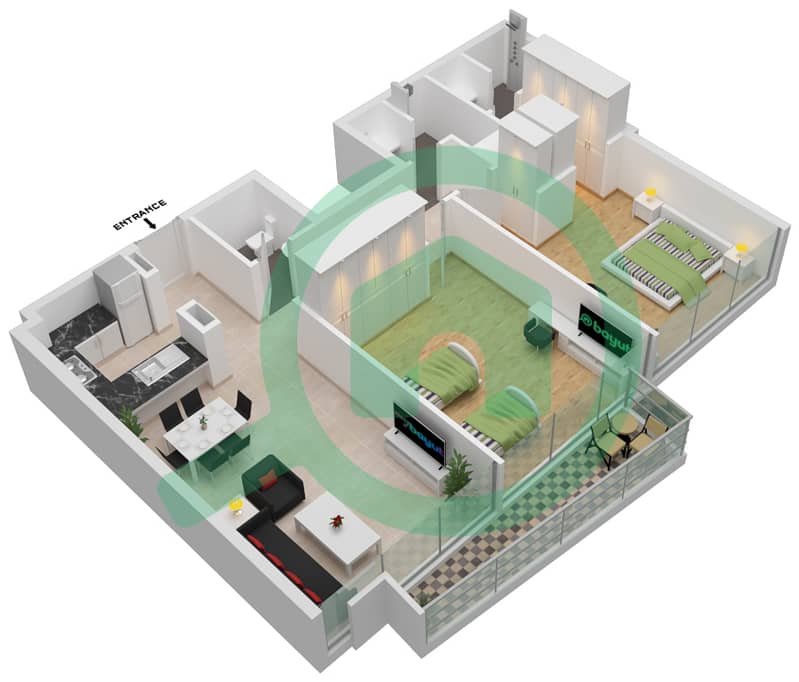 Azizi Mirage 1 - 2 Bedroom Apartment Type 3 FLOOR-1-8 Floor plan interactive3D