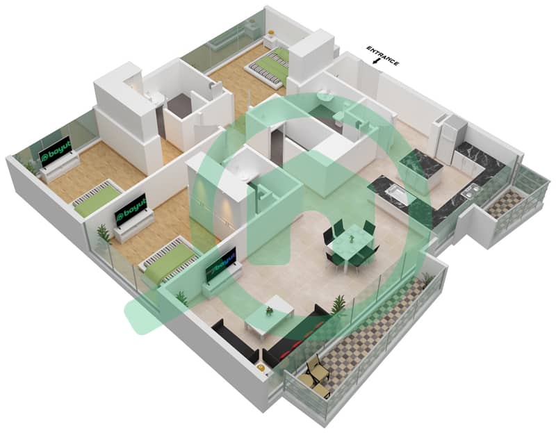 Azizi Mirage 1 - 3 Bedroom Apartment Type 1A FLOOR 6-8 Floor plan Floor 6-8 interactive3D