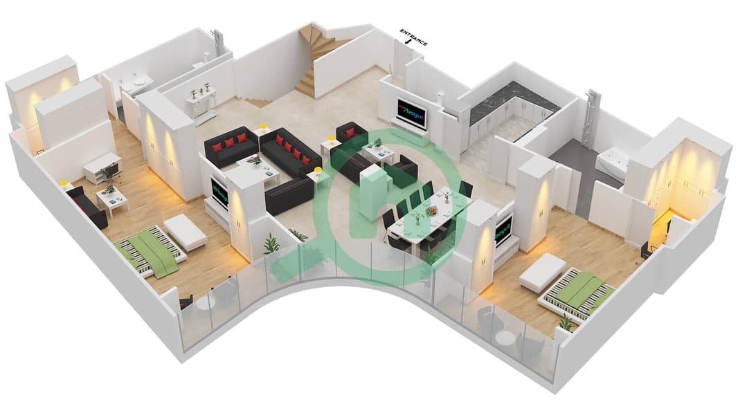 المخططات الطابقية لتصميم النموذج 50 شقة 2 غرفة نوم - ذا أوبوس interactive3D