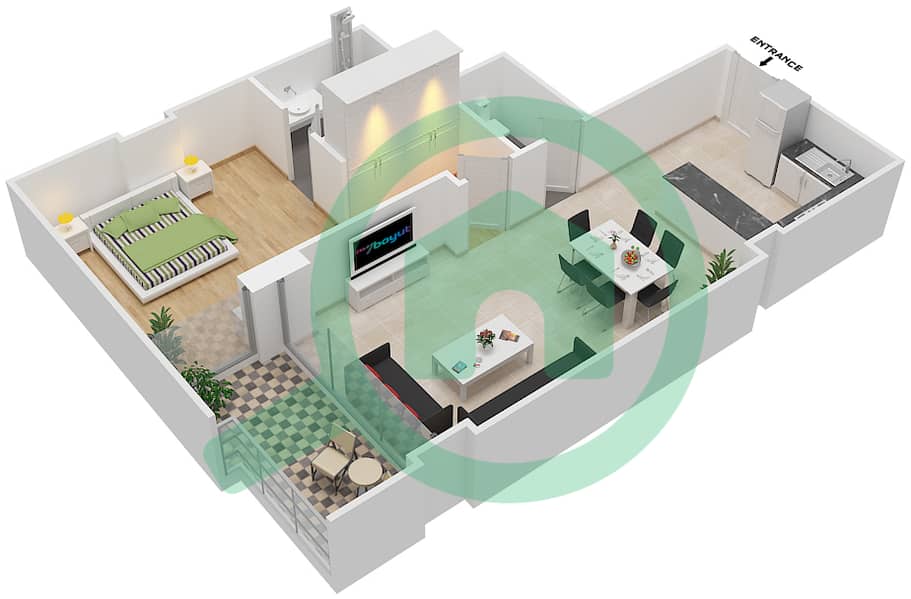 المخططات الطابقية لتصميم الوحدة 1 FLOOR 2 شقة 1 غرفة نوم - علياء ريزيدنس Floor 2 interactive3D