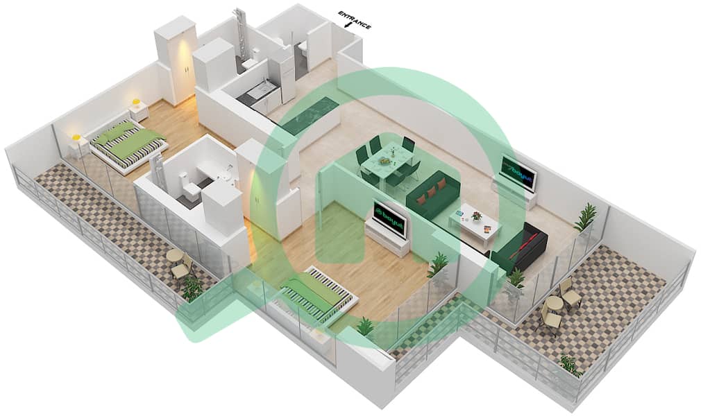 المخططات الطابقية لتصميم الوحدة 28 FLOOR 2 شقة 2 غرفة نوم - علياء ريزيدنس Floor 2 interactive3D