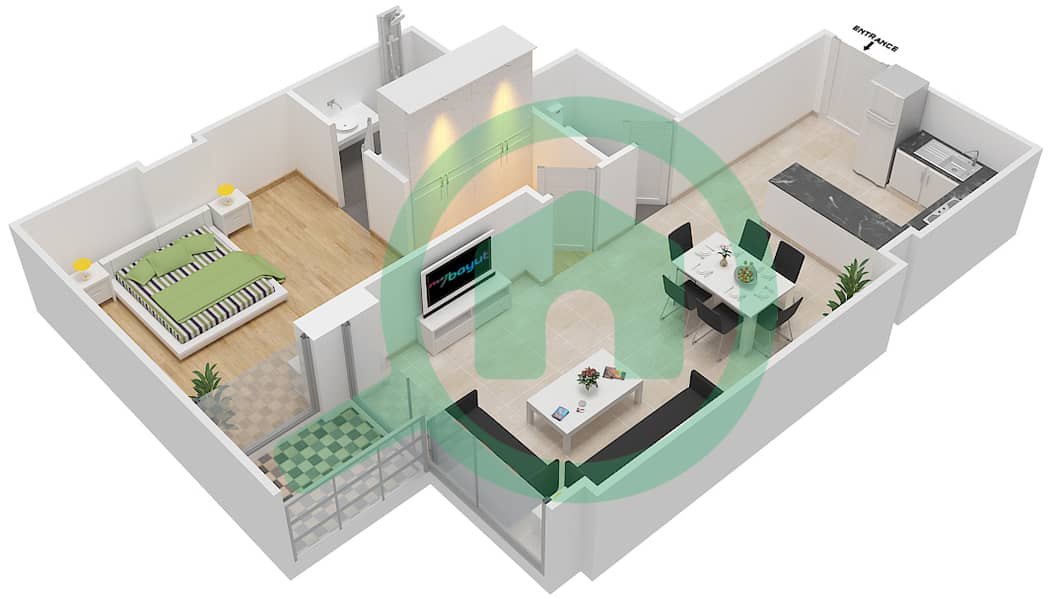 المخططات الطابقية لتصميم الوحدة 1 FLOOR 3-5 شقة 1 غرفة نوم - علياء ريزيدنس Floor 3-5 interactive3D