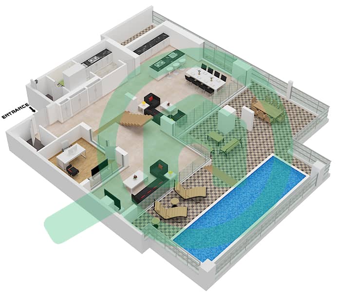 المخططات الطابقية لتصميم النموذج / الوحدة B/1 DUPLEX فیلا 3 غرف نوم - سيكس سينسيز ريزيدنس Ground Floor interactive3D