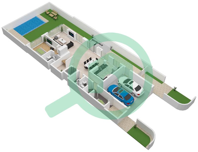 المخططات الطابقية لتصميم النموذج A فیلا 4 غرف نوم - فلل هارتلاند غاردينيا Ground Floor interactive3D
