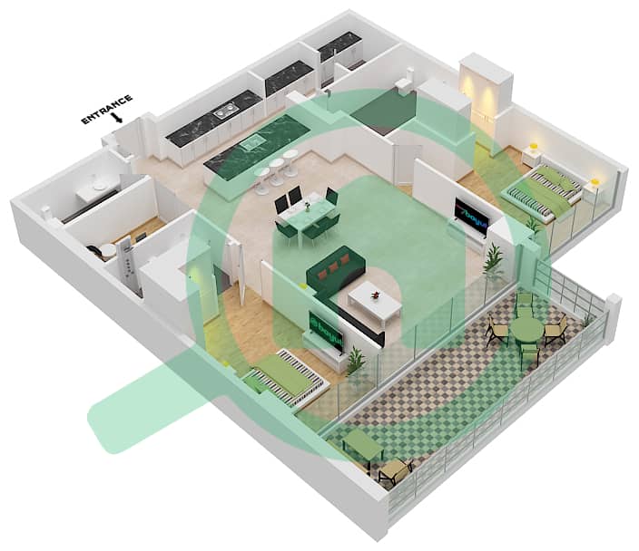 المخططات الطابقية لتصميم النموذج / الوحدة A1/3 FLOOR 1,3,7 بنتهاوس 2 غرفة نوم - سيكس سينسيز ريزيدنس interactive3D