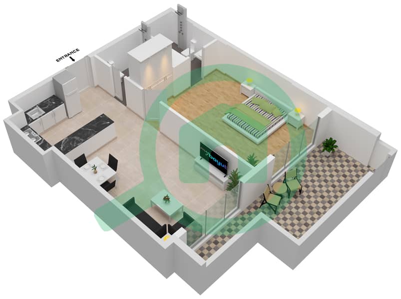 المخططات الطابقية لتصميم الوحدة 23-FLOOR 1 شقة 1 غرفة نوم - برايم جاردنز بريسكوت Floor 1 interactive3D