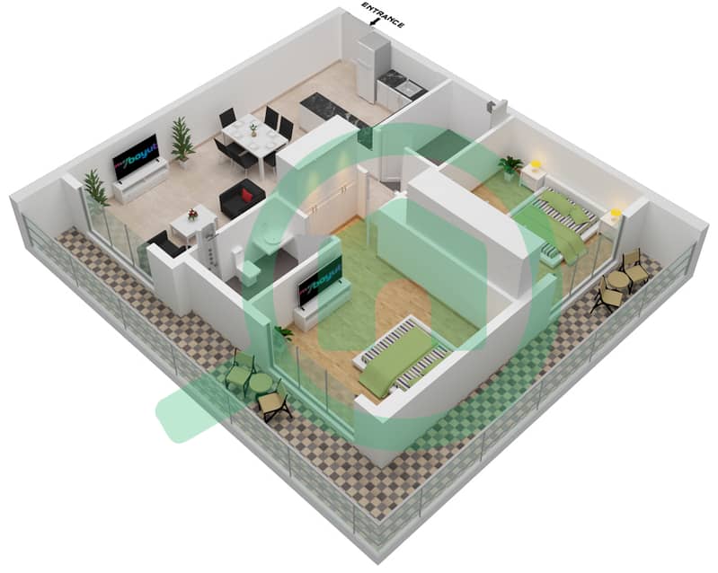 المخططات الطابقية لتصميم الوحدة 7-FLOOR 1-6 شقة 2 غرفة نوم - برايم جاردنز بريسكوت Floor 1-6 interactive3D