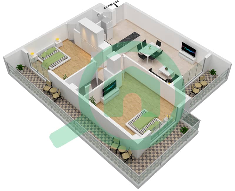 普雷斯科特豪华花园 - 2 卧室公寓单位3-FLOOR 2-6戶型图 Floor 2-6 interactive3D