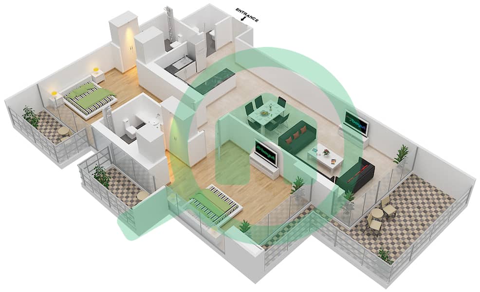 المخططات الطابقية لتصميم الوحدة 27 FLOOR 3 شقة 2 غرفة نوم - علياء ريزيدنس Floor 3 interactive3D