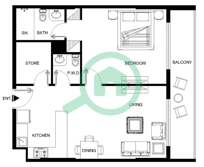 普雷斯科特豪华花园 - 1 卧室公寓单位22-FLOOR 2-5戶型图 Floor 2-5 interactive3D