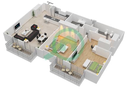 المخططات الطابقية لتصميم النموذج / الوحدة 2A/510 شقة 2 غرفة نوم - البرزة