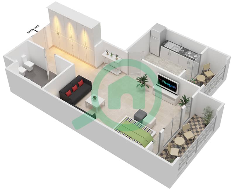 المخططات الطابقية لتصميم النموذج A شقة استوديو - بوابة الشرق interactive3D