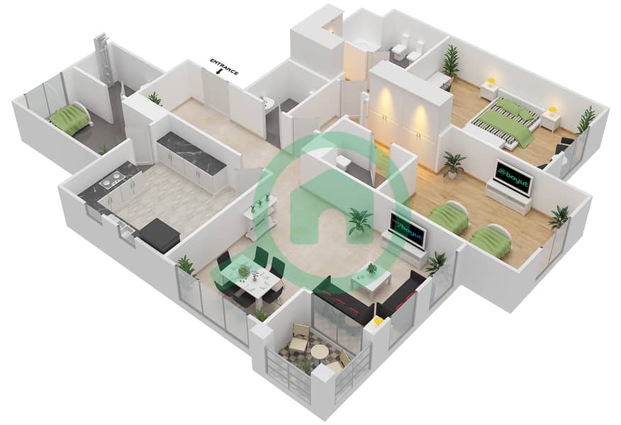 المخططات الطابقية لتصميم النموذج A شقة 2 غرفة نوم - بوابة الشرق interactive3D