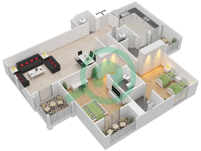 المخططات الطابقية لتصميم النموذج A1 شقة 2 غرفة نوم - بوابة الشرق interactive3D