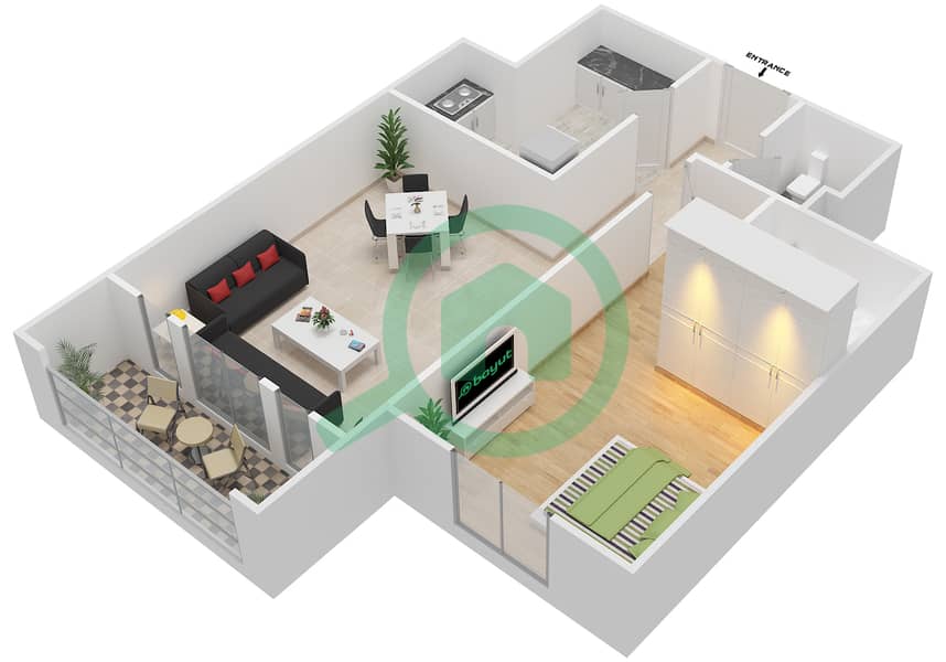 المخططات الطابقية لتصميم النموذج A1 شقة 1 غرفة نوم - بوابة الشرق interactive3D