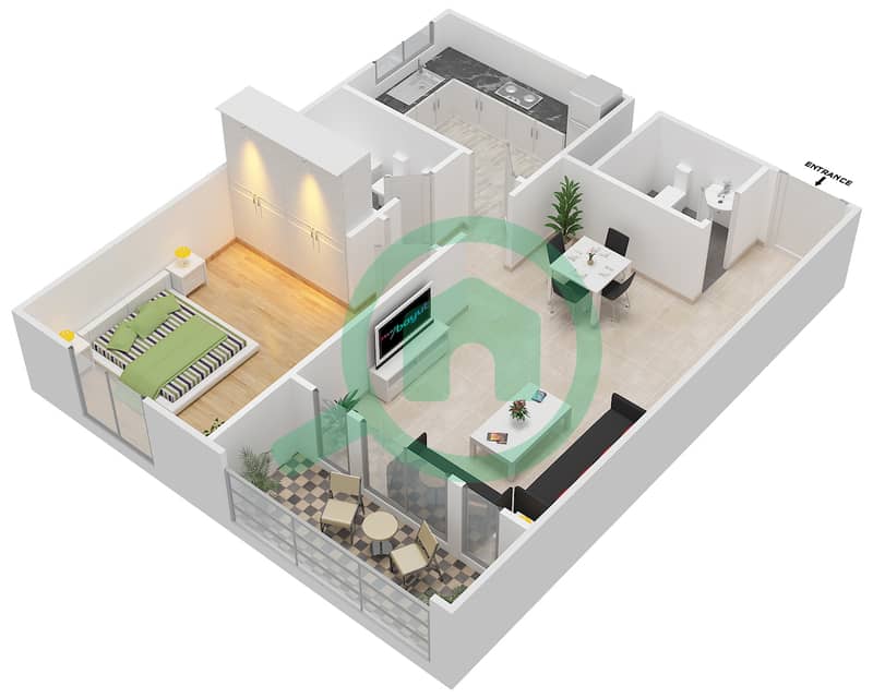 المخططات الطابقية لتصميم النموذج A شقة 1 غرفة نوم - بوابة الشرق interactive3D