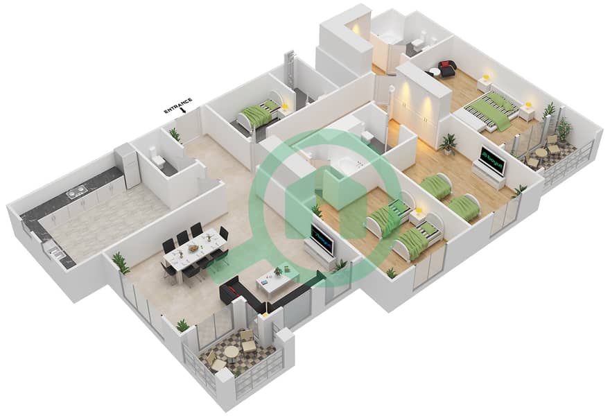 المخططات الطابقية لتصميم النموذج A شقة 3 غرف نوم - بوابة الشرق interactive3D