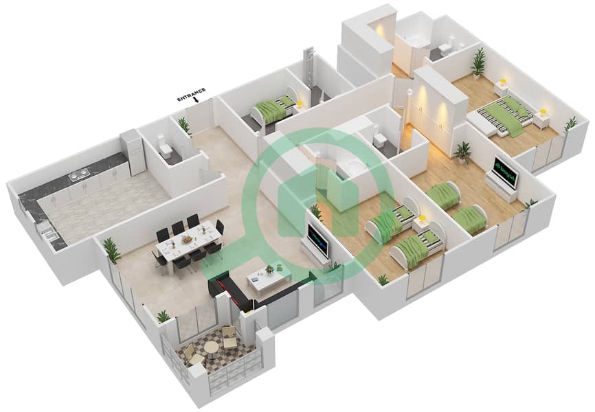 Bawabat Al Sharq - 3 Bedroom Apartment Type B Floor plan interactive3D