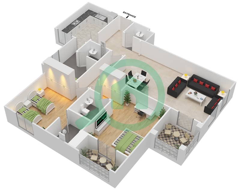 المخططات الطابقية لتصميم النموذج B شقة 2 غرفة نوم - بوابة الشرق interactive3D