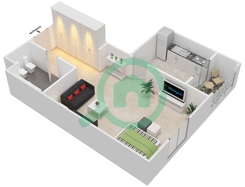 Бавабат Аль Шарк - Апартамент Студия планировка Тип B interactive3D