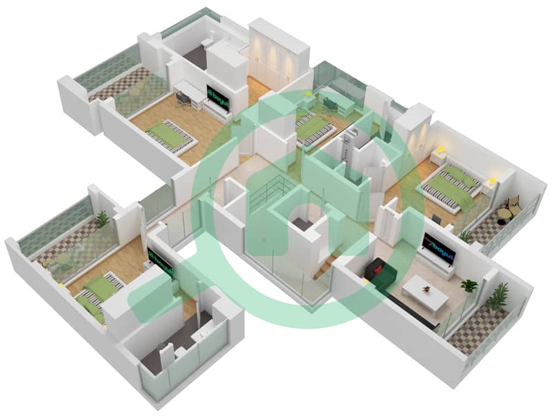 المخططات الطابقية لتصميم النموذج A1 فیلا 5 غرف نوم - قرية جبل علي Upper Level interactive3D
