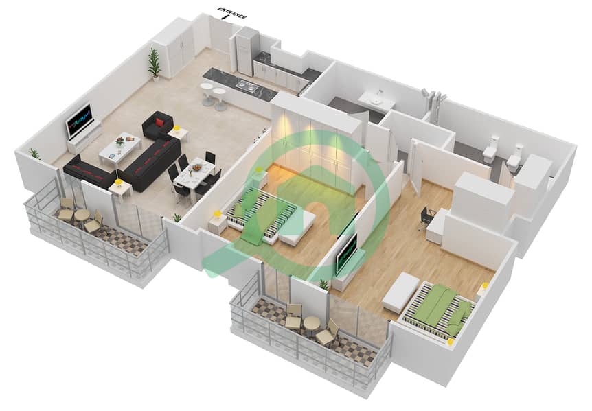 المخططات الطابقية لتصميم النموذج / الوحدة 2A/510 شقة 2 غرفة نوم - البرزة Floor 5 interactive3D