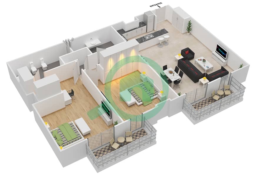 المخططات الطابقية لتصميم النموذج / الوحدة 2A/401 شقة 2 غرفة نوم - البرزة Floor 4 interactive3D